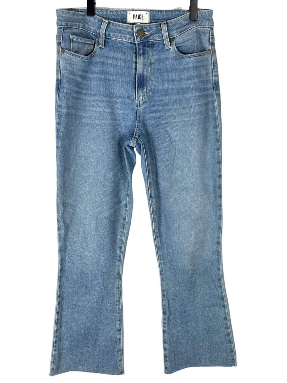PAIGE Women's Rory Crop Flare Jeans in Harley Wash Raw Hem Size 28